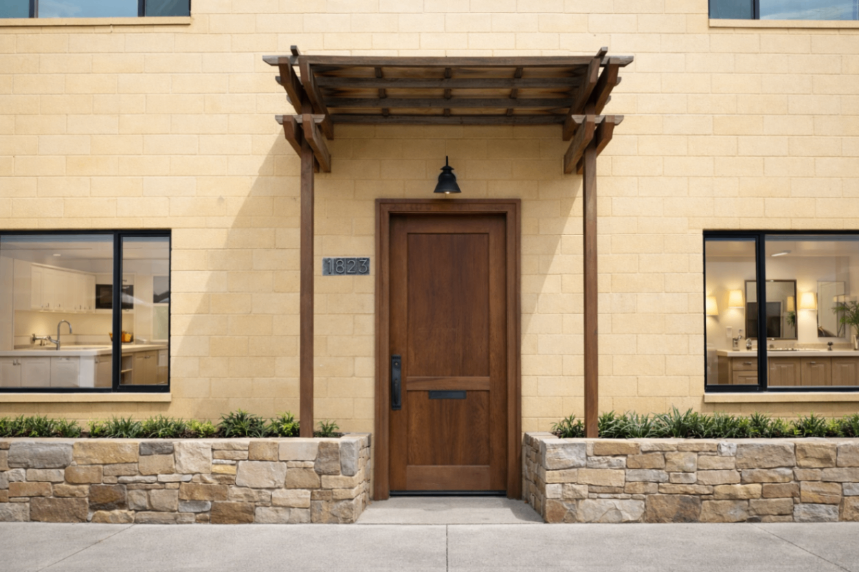 Close-up reimagined front entrance of 1823 San Carlos